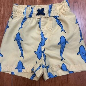 Little Boys Yellow Shark Swim Shorts with Blue Sharks